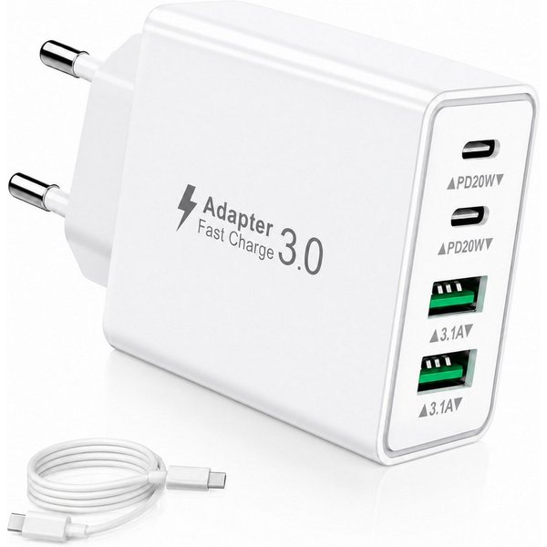 ibettertec USB C Ladegerät 40W Schnellladegerät mit 1,5 m TPE Datenkabel, Schnelllade-Gerät (Handy Ladegeräte 4 Ports, USB-C & USB-A Mehrfachstecker für Smartph