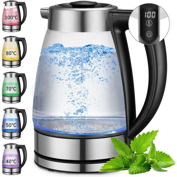ibettertec Wasserkocher Wasserkocher mit temperatureinstellung, Wasserkocher Glas 2,0 Liter, 2200,00 W, Temperaturwahl 40-100°C Farbwechsel LED Temperatur
