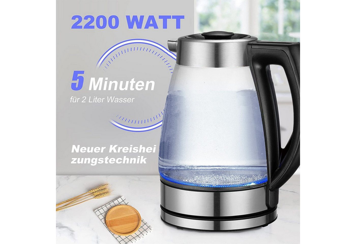 ibettertec Wasserkocher Wasserkocher mit temperatureinstellung, Wasserkocher Glas 2,0 Liter, 2200,00 W, Temperaturwahl 40-100°C Farbwechsel LED Temperatur – Bild 2 von 5