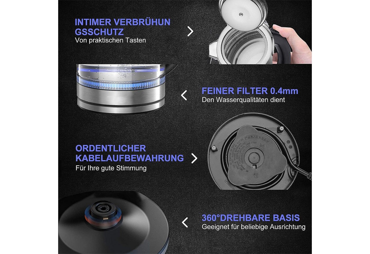 ibettertec Wasserkocher Wasserkocher mit temperatureinstellung, Wasserkocher Glas 2,0 Liter, 2200,00 W, Temperaturwahl 40-100°C Farbwechsel LED Temperatur – Bild 5 von 5