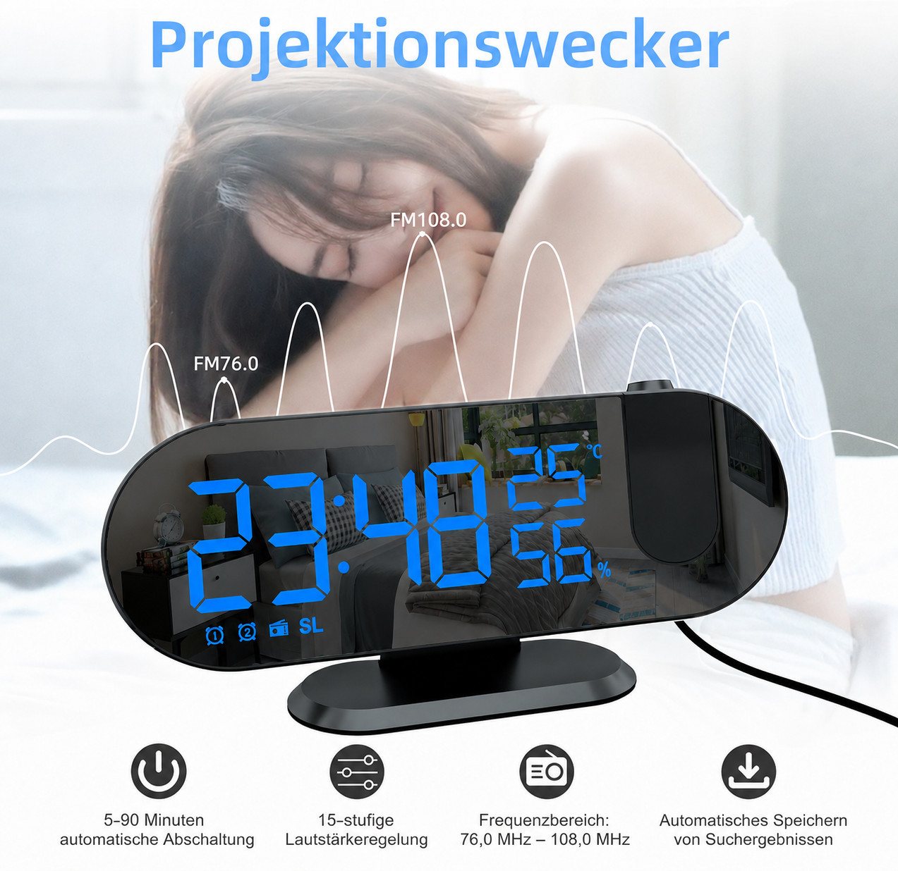 ibettertec Wecker wecker Digital mit 180° Projektor, LED-Anzeige, 3-stufigem Helligkeitsdimmer,USB-Ladeanschluss & progressiver Lautstärke – Bild 3 von 5