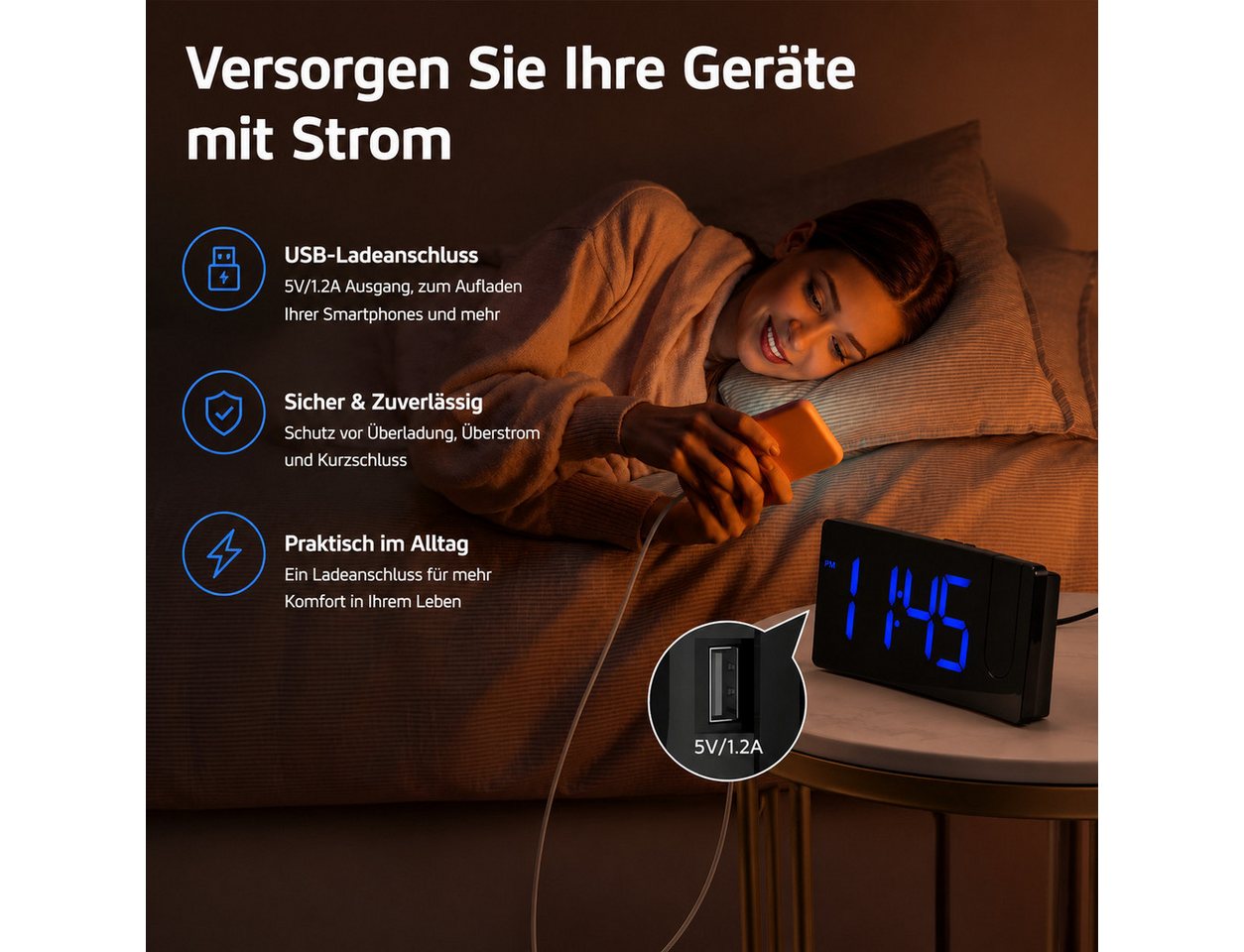 ibettertec Wecker wecker Digital mit 180° Projektor, LED-Anzeige, 3-stufigem Helligkeitsdimmer,USB-Ladeanschluss & progressiver Lautstärke – Bild 5 von 5