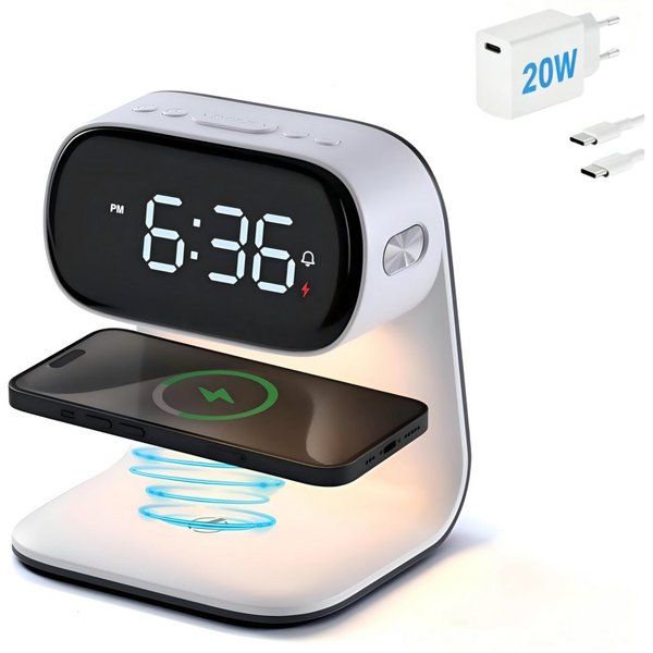 ibettertec Wireless Charger,3 in 1 Induktive Ladestation,Wecker und Nachtlicht Induktions-Ladegerät (für iPhone, Samsung,Apple Watch, AirPods,Other Qi-Certitied