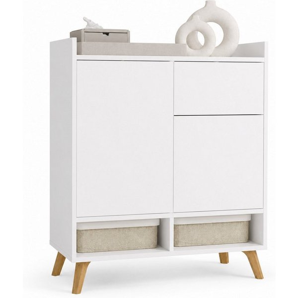 ibonto Nachtkommode Kommode Weiß 80 cm Sideboard mit 2 Türen 1 Schublade Scandi
