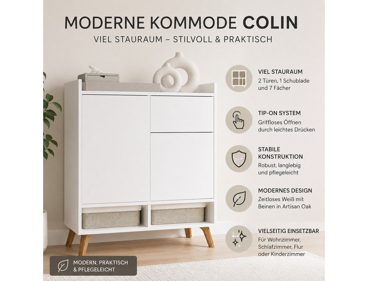 ibonto Nachtkommode Kommode Weiß 80 cm Sideboard mit 2 Türen 1 Schublade Scandi – Bild 2 von 5