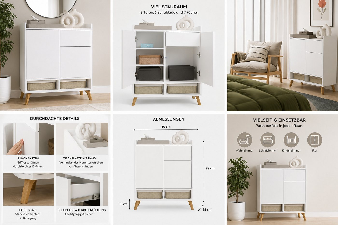 ibonto Nachtkommode Kommode Weiß 80 cm Sideboard mit 2 Türen 1 Schublade Scandi – Bild 3 von 5