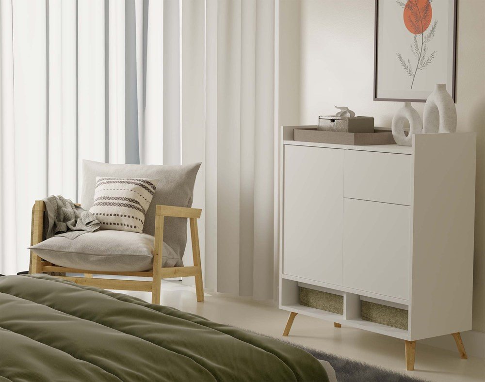 ibonto Nachtkommode Kommode Weiß 80 cm Sideboard mit 2 Türen 1 Schublade Scandi – Bild 4 von 5