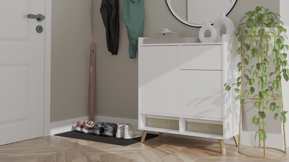 ibonto Nachtkommode Kommode Weiß 80 cm Sideboard mit 2 Türen 1 Schublade Scandi – Bild 5 von 5