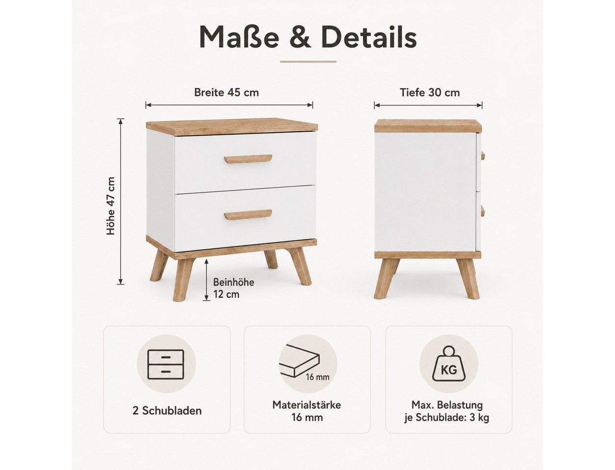 ibonto Nachtkommode Nachttisch weiß Eiche Artisan 2 Schubladen Holzbeine 45 cm (1 Nachttisch) – Bild 4 von 5