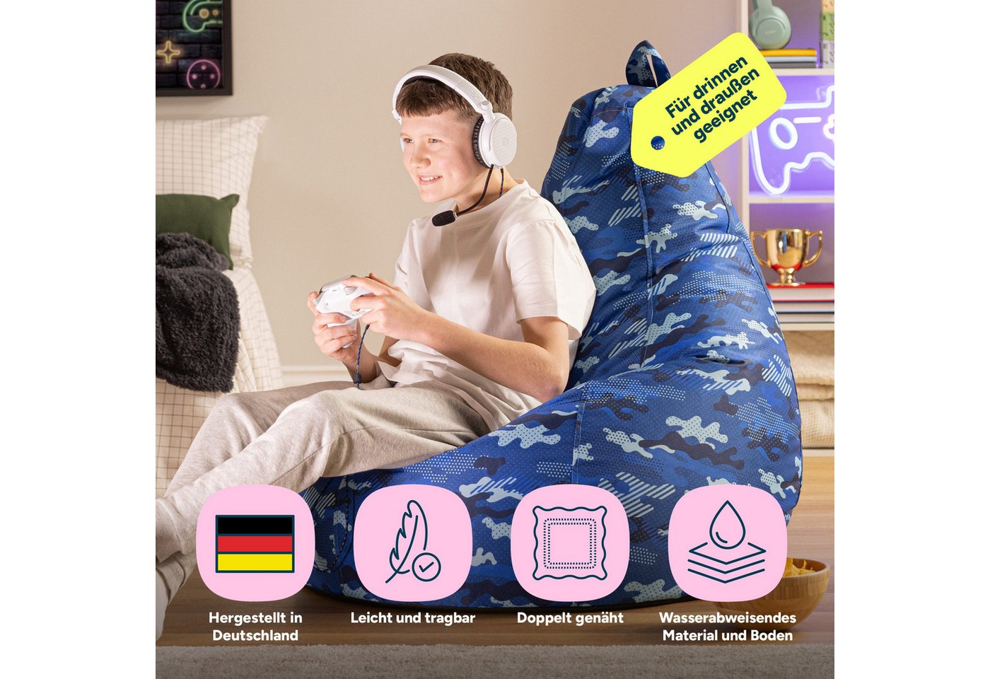 icon Sitzsack Sessel mit Rückenlehne Camouflage, Sitzsack XXL, Gaming Sitzsack, Made in Germany, Erwachsene & Kinder – Bild 2 von 5