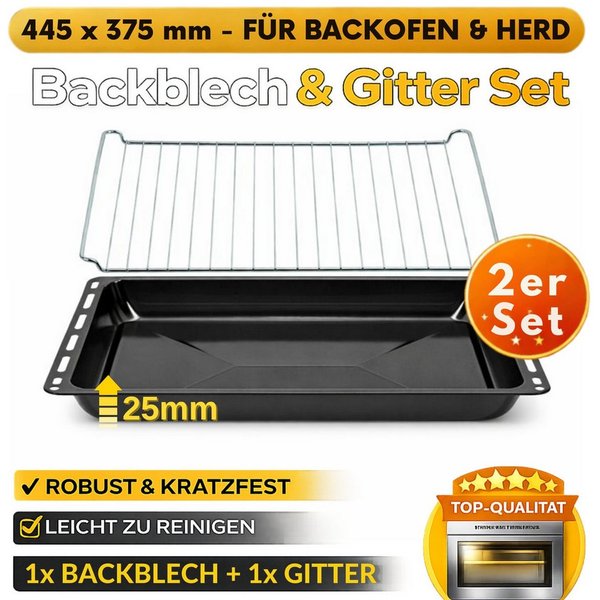 ICQN Backblech 445 x 375 x 25 mm, Emaille, (Set mit Backofenrost, 2-St., Backblech mit Gitter), Passend für Whirlpool, Ignis, Bauknecht, Indesit, Algor, Neckerm