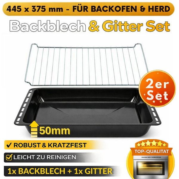 ICQN Backblech 445 x 375 x 50 mm, Emaille, (Set mit Backofenrost, 2-St), Passend für Whirlpool, Ignis, Bauknecht, Indesit, Algor, Neckermann