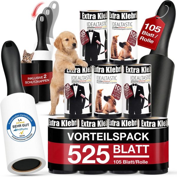 IDEALTASTIC Fusselroller Fusselrolle Tierhaare & Kleidung im Vorteilspack Fusselentferner, 2x Griff & 5x100 Blatt, INKL. 2X STAUBSCHUTZKAPPE
