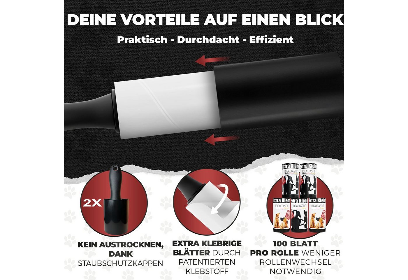 IDEALTASTIC Fusselroller Fusselrolle Tierhaare & Kleidung im Vorteilspack Fusselentferner, 2x Griff & 5x100 Blatt, INKL. 2X STAUBSCHUTZKAPPE – Bild 2 von 5