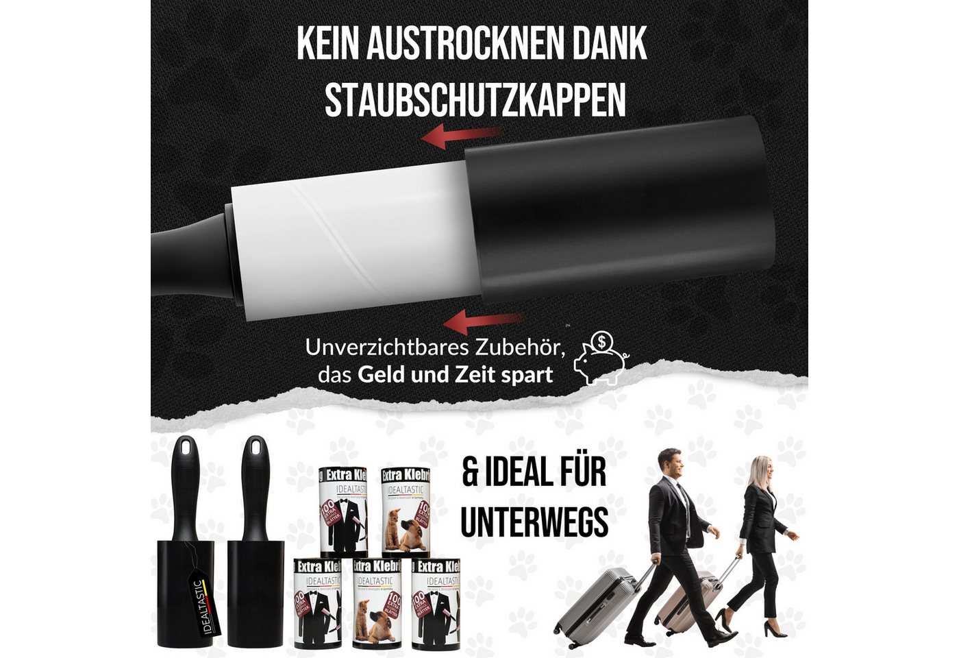 IDEALTASTIC Fusselroller Fusselrolle Tierhaare & Kleidung im Vorteilspack Fusselentferner, 2x Griff & 5x100 Blatt, INKL. 2X STAUBSCHUTZKAPPE – Bild 5 von 5
