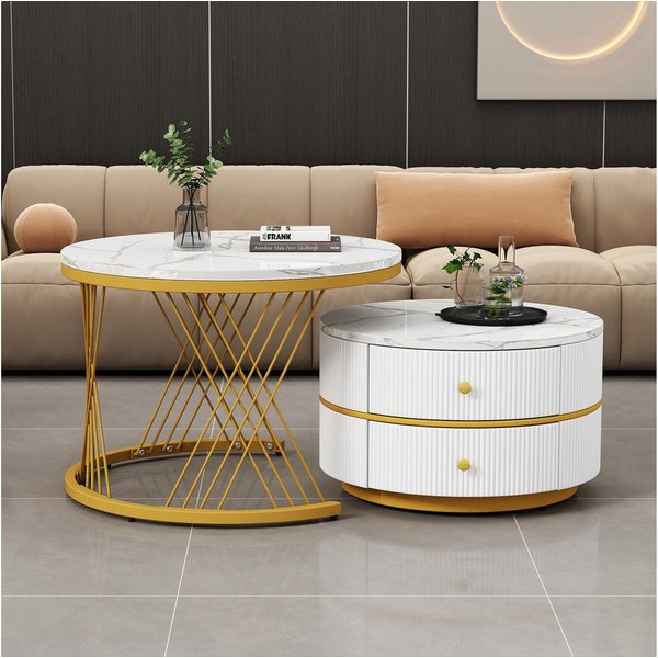 IDEASY Couchtisch 2-teiliges, weiß+gold in Nestform, 60*60*46cm & 50*50*30.8cm, (runde Tische mit hochglänzender Marmoroptik, 2 Schubladen), bis 30kg belastbar,