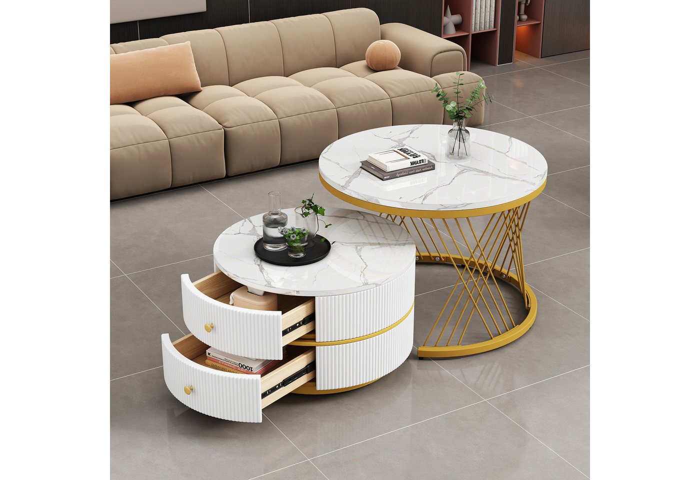 IDEASY Couchtisch 2-teiliges, weiß+gold in Nestform, 60*60*46cm & 50*50*30.8cm, (runde Tische mit hochglänzender Marmoroptik, 2 Schubladen), bis 30kg belastbar, – Bild 2 von 5