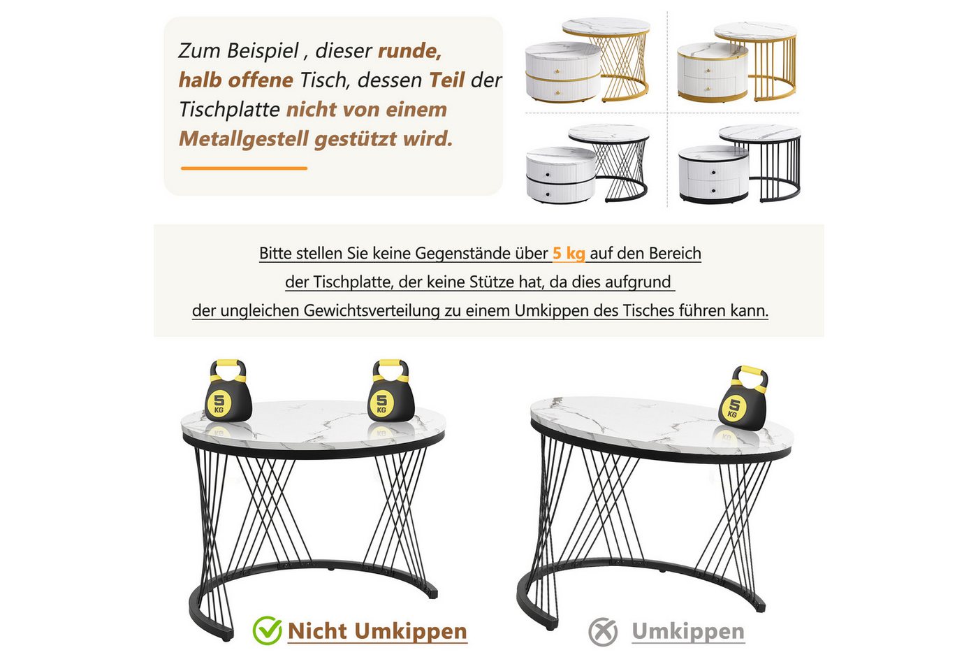 IDEASY Couchtisch 2-teiliges, weiß+gold in Nestform, 60*60*46cm & 50*50*30.8cm, (runde Tische mit hochglänzender Marmoroptik, 2 Schubladen), bis 30kg belastbar, – Bild 3 von 5