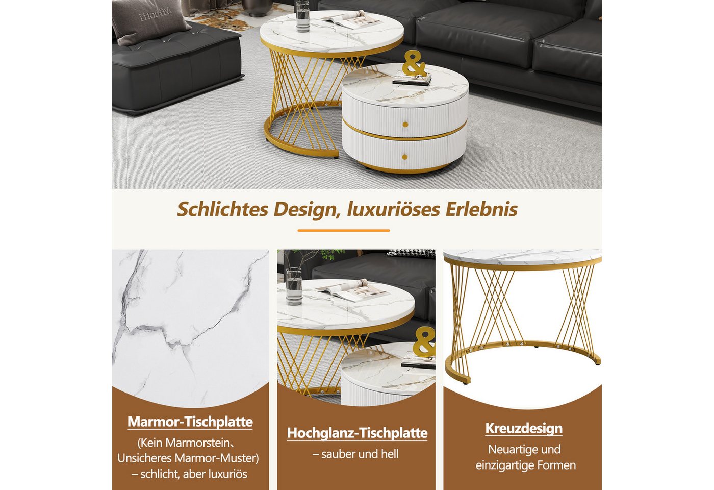 IDEASY Couchtisch 2-teiliges, weiß+gold in Nestform, 60*60*46cm & 50*50*30.8cm, (runde Tische mit hochglänzender Marmoroptik, 2 Schubladen), bis 30kg belastbar, – Bild 5 von 5