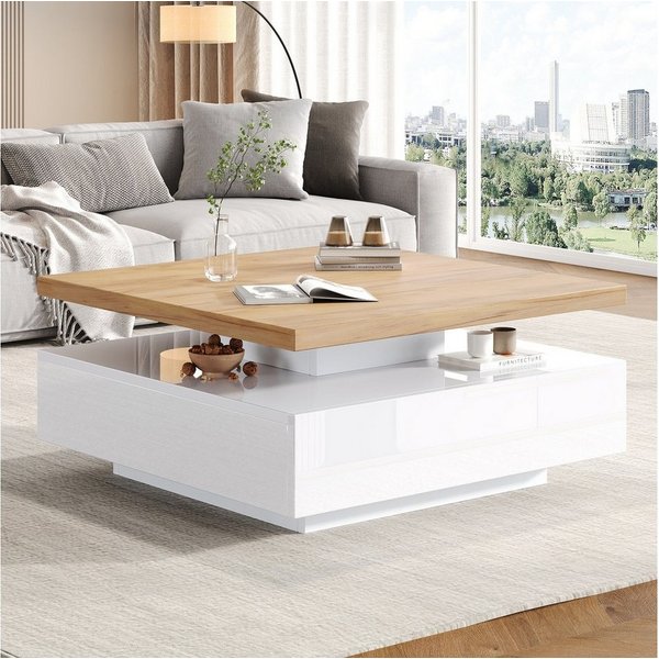 IDEASY Couchtisch 360° drehbar, weiß hochglänzend, multifunktional, 70x70x36 cm, mit 1 Schublade & offenen Fächern, Tragkraft 30 kg, Nussbaum-Design