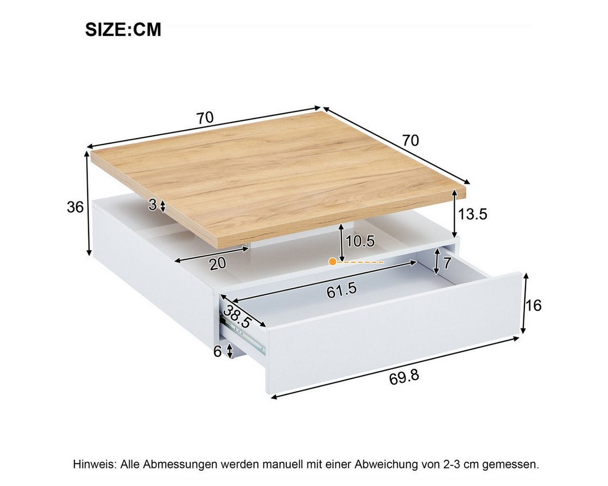 IDEASY Couchtisch 360° drehbar, weiß hochglänzend, multifunktional, 70x70x36 cm, mit 1 Schublade & offenen Fächern, Tragkraft 30 kg, Nussbaum-Design – Bild 2 von 5