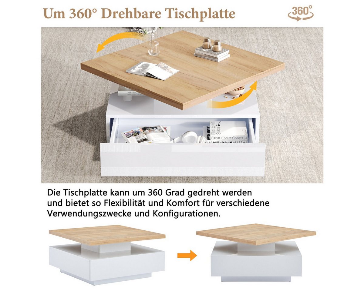 IDEASY Couchtisch 360° drehbar, weiß hochglänzend, multifunktional, 70x70x36 cm, mit 1 Schublade & offenen Fächern, Tragkraft 30 kg, Nussbaum-Design – Bild 3 von 5