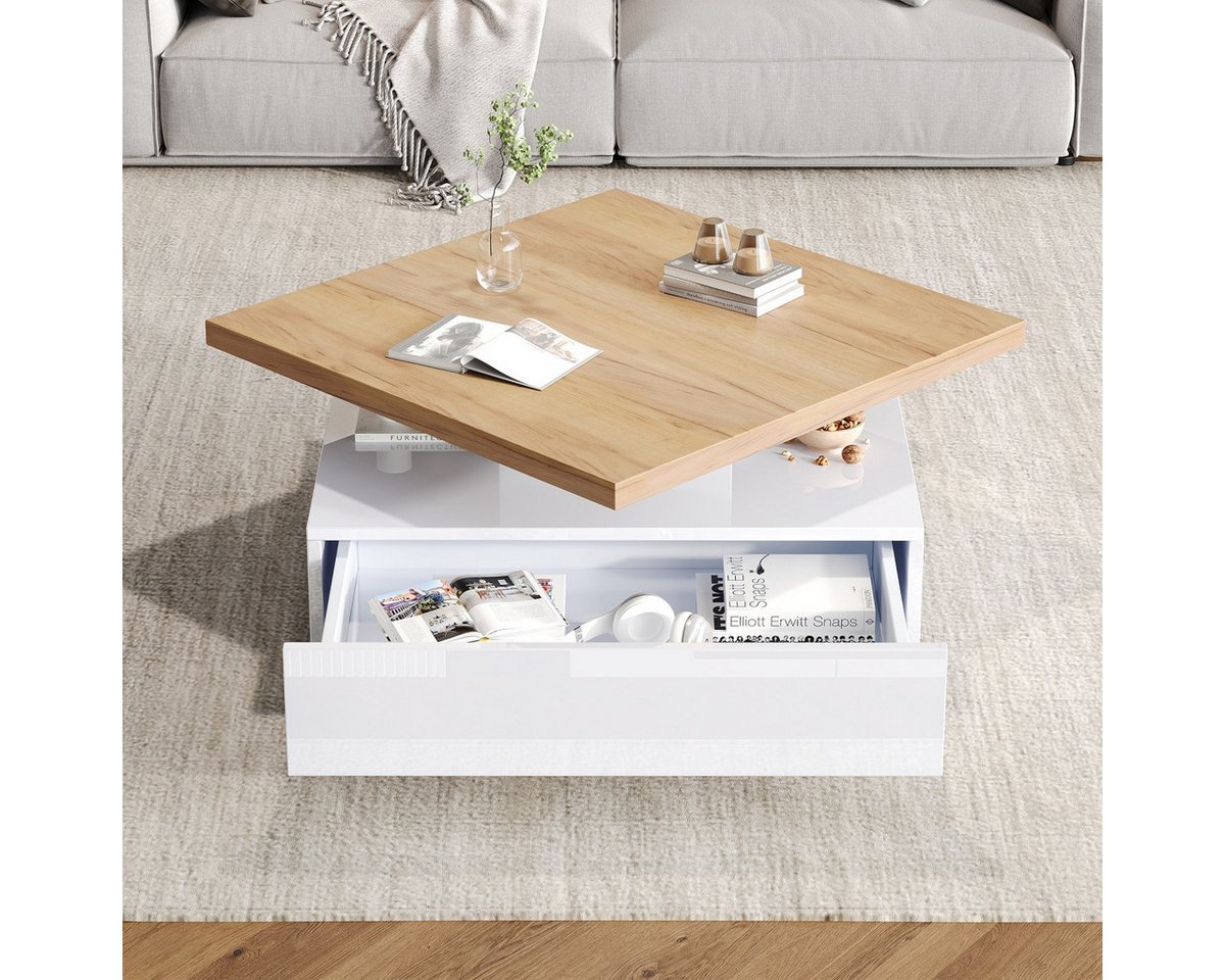 IDEASY Couchtisch 360° drehbar, weiß hochglänzend, multifunktional, 70x70x36 cm, mit 1 Schublade & offenen Fächern, Tragkraft 30 kg, Nussbaum-Design – Bild 4 von 5