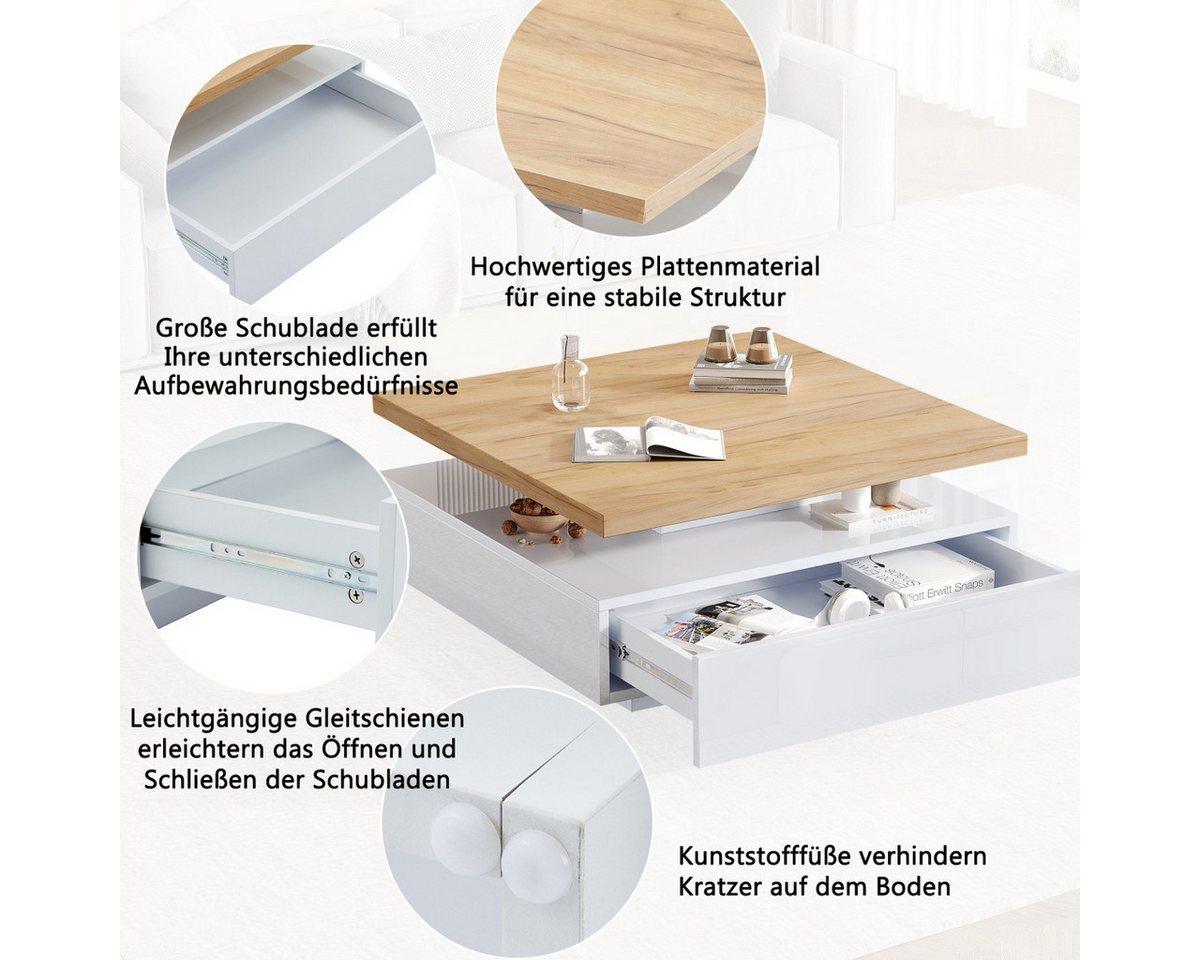 IDEASY Couchtisch 360° drehbar, weiß hochglänzend, multifunktional, 70x70x36 cm, mit 1 Schublade & offenen Fächern, Tragkraft 30 kg, Nussbaum-Design – Bild 5 von 5