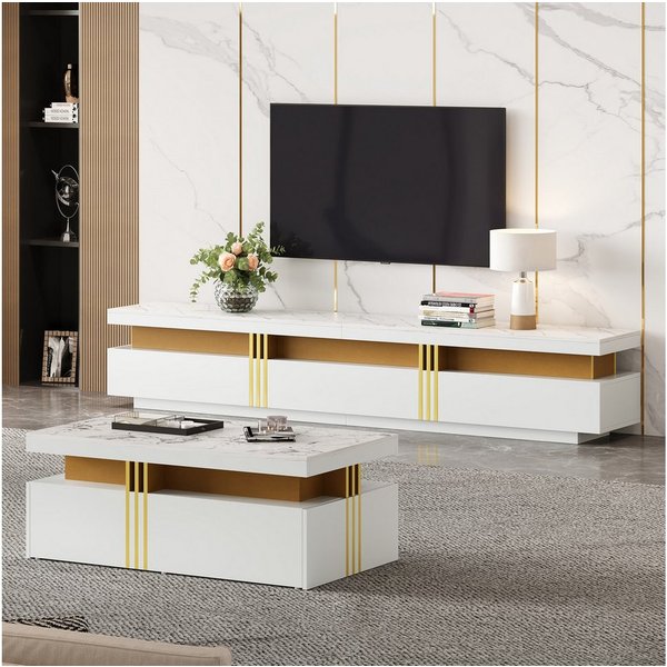 IDEASY Wohnzimmer-Set (2 St) Wohnzimmer Möbel, Moderner Luxus TV- Schrank und Couchtisch-Set, Marmorfurnier, geeignet für TVs bis 90", 200x40x42 cm & 100x50x40 