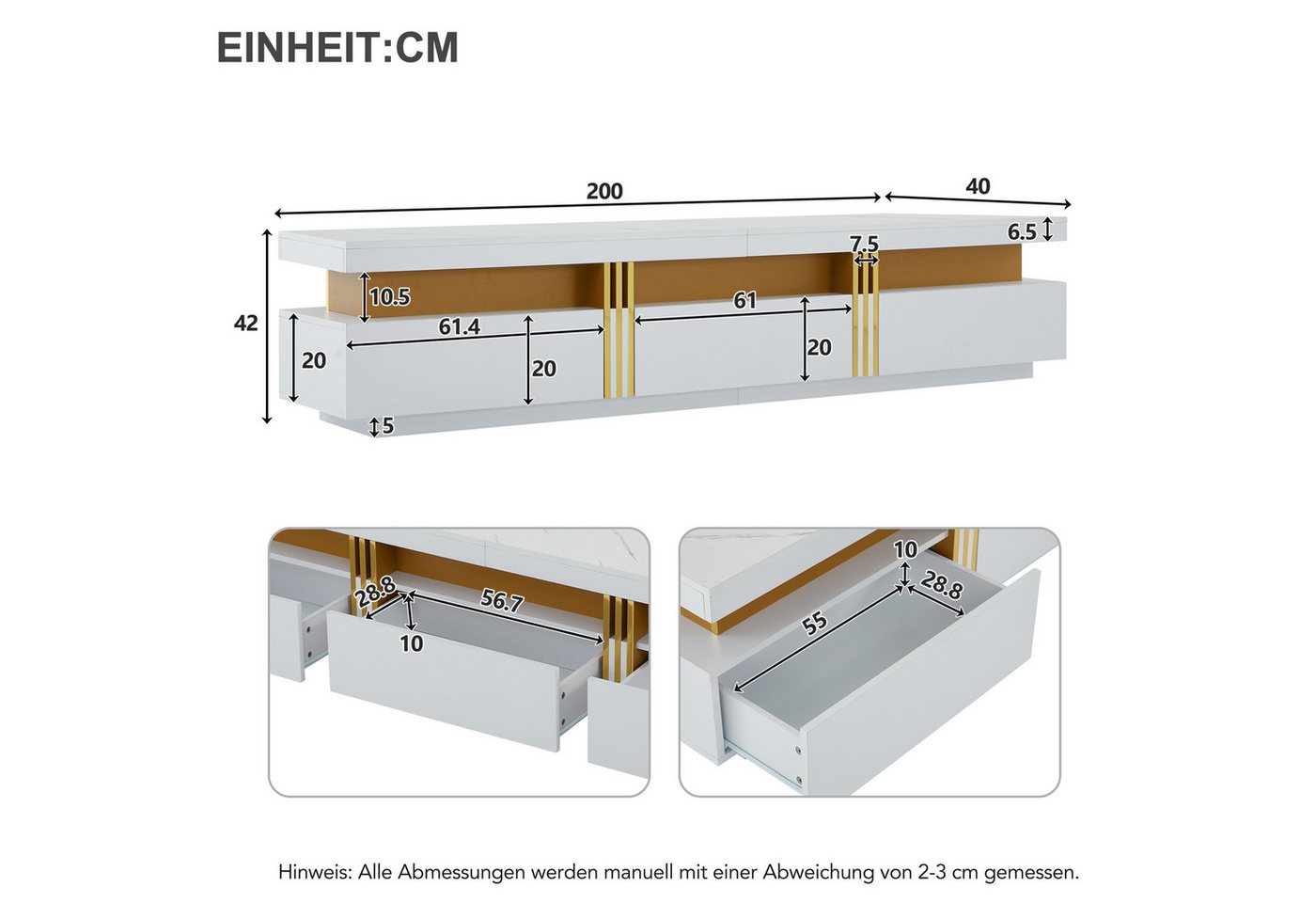 IDEASY Wohnzimmer-Set (2 St) Wohnzimmer Möbel, Moderner Luxus TV- Schrank und Couchtisch-Set, Marmorfurnier, geeignet für TVs bis 90", 200x40x42 cm & 100x50x40  – Bild 2 von 5