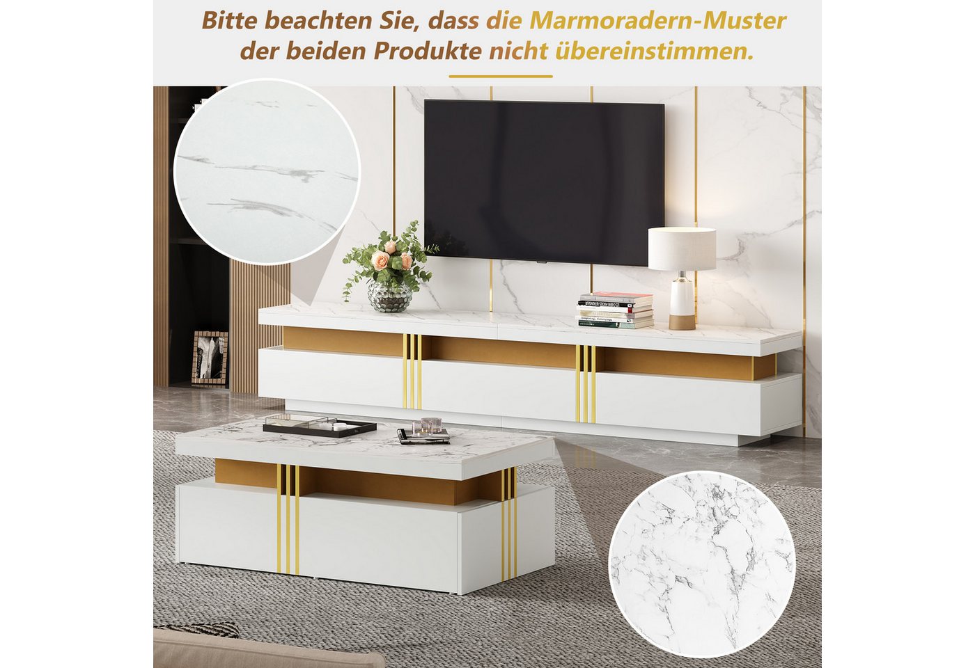 IDEASY Wohnzimmer-Set (2 St) Wohnzimmer Möbel, Moderner Luxus TV- Schrank und Couchtisch-Set, Marmorfurnier, geeignet für TVs bis 90", 200x40x42 cm & 100x50x40  – Bild 3 von 5