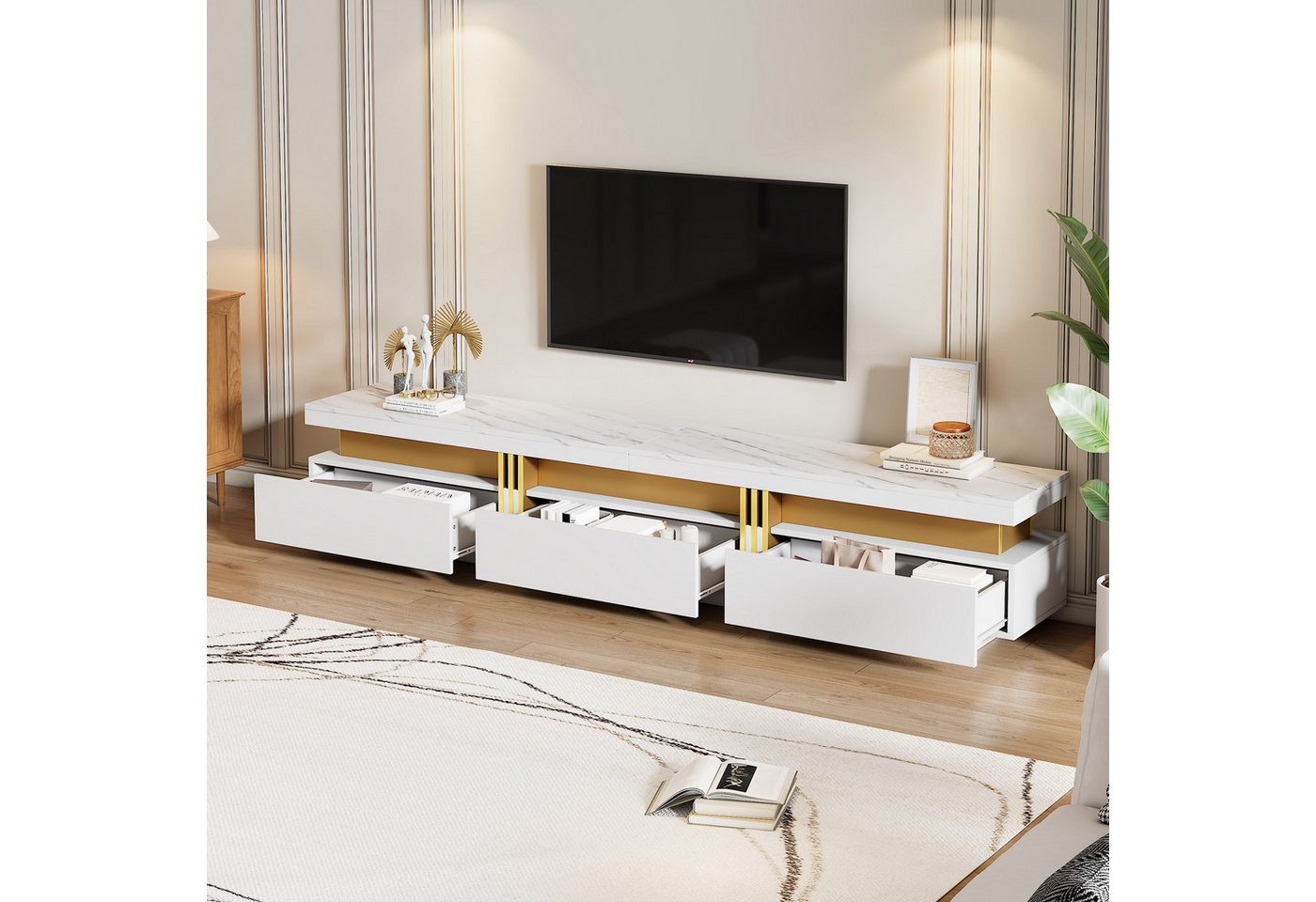IDEASY Wohnzimmer-Set (2 St) Wohnzimmer Möbel, Moderner Luxus TV- Schrank und Couchtisch-Set, Marmorfurnier, geeignet für TVs bis 90", 200x40x42 cm & 100x50x40  – Bild 4 von 5