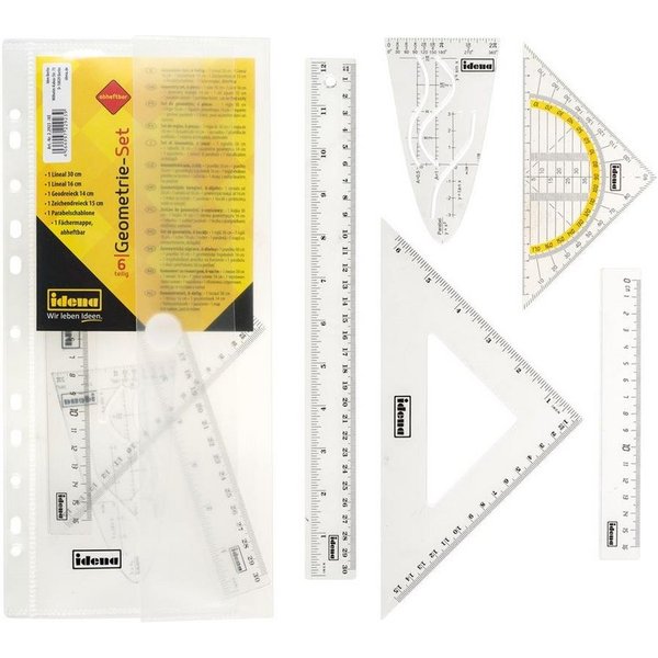 Idena Geodreieck Geometrie-Set, 6-teilig, 2 Lineale, Zeichendreieck, Parabel, Geodreieck und abheftbare Mappe