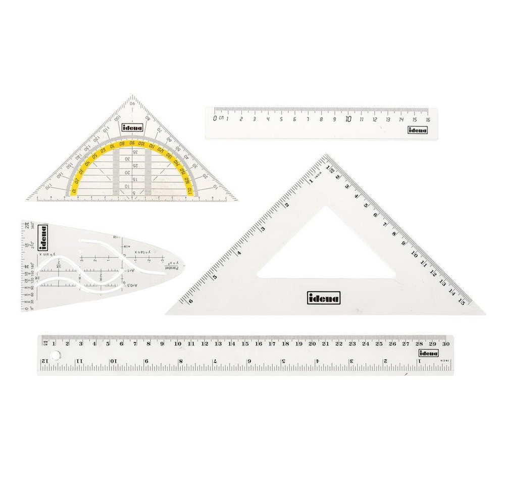 Idena Geodreieck Geometrie-Set, 6-teilig, 2 Lineale, Zeichendreieck, Parabel, Geodreieck und abheftbare Mappe – Bild 2 von 5