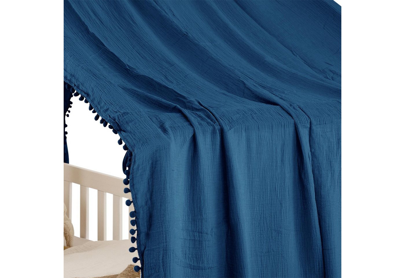 IDIMEX Betthimmel LIAN, Betthimmel Kinder aus Musselin mit Pompons Blau – Bild 5 von 5