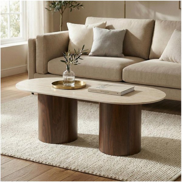 IDIMEX Couchtisch REALM, Beistelltisch 120x60 cm mit Keramikplatte Travertin/Nussbaum