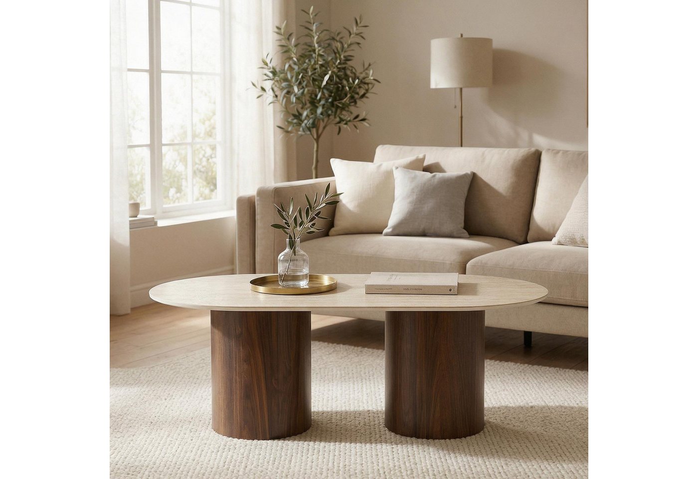 IDIMEX Couchtisch REALM, Beistelltisch 120x60 cm mit Keramikplatte Travertin/Nussbaum – Bild 2 von 5