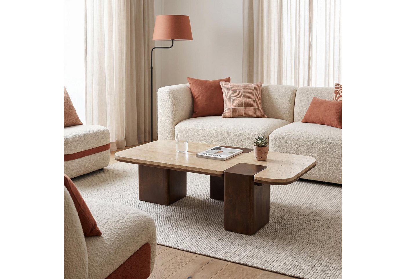 IDIMEX Couchtisch SURAT, Wohnzimmertisch 100x60 cm aus Mangoholz und Travertin Braun/Beige – Bild 2 von 5
