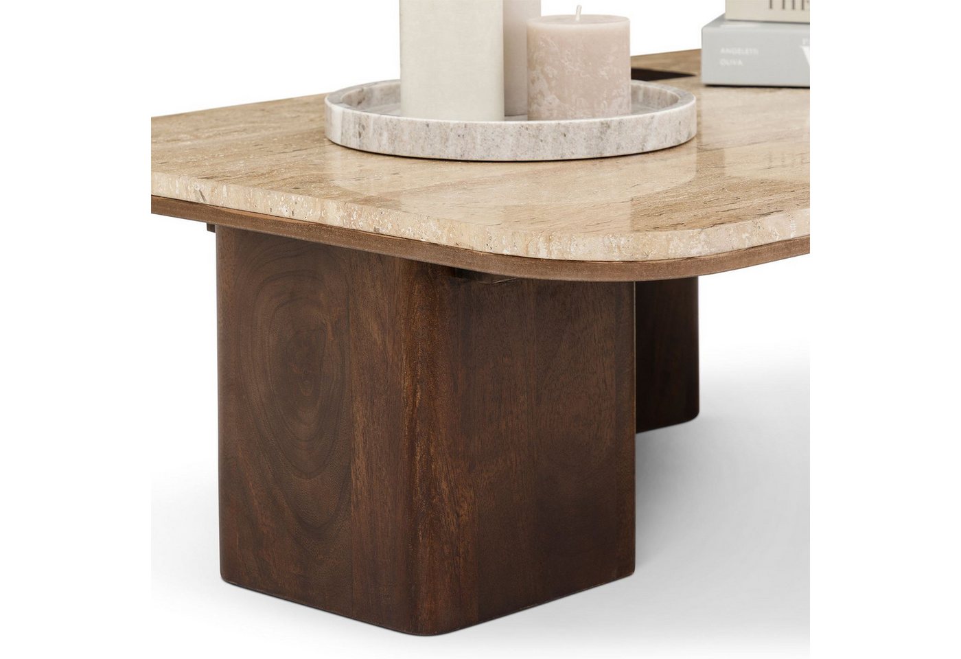 IDIMEX Couchtisch SURAT, Wohnzimmertisch 100x60 cm aus Mangoholz und Travertin Braun/Beige – Bild 5 von 5