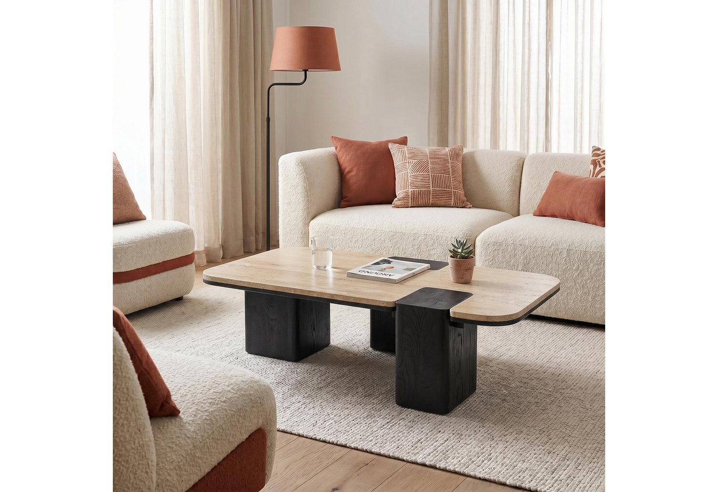 IDIMEX Couchtisch SURAT, Wohnzimmertisch 100x60 cm aus Mangoholz und Travertin Beige/Schwarz – Bild 2 von 5