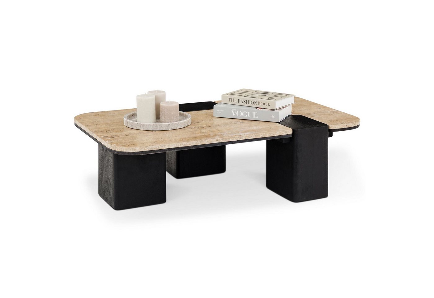 IDIMEX Couchtisch SURAT, Wohnzimmertisch 100x60 cm aus Mangoholz und Travertin Beige/Schwarz – Bild 3 von 5