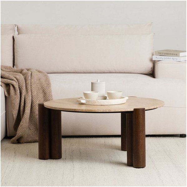 IDIMEX Couchtisch TAPTI, Wohnzimmertisch 80 cm aus Travertin und Mangoholz Braun/Beige
