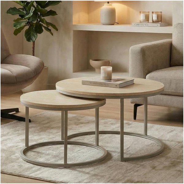IDIMEX Couchtisch TOURS, Couchtischset 2er Set rund 80/60 cm mit Travertin-Dekor Cappuccino