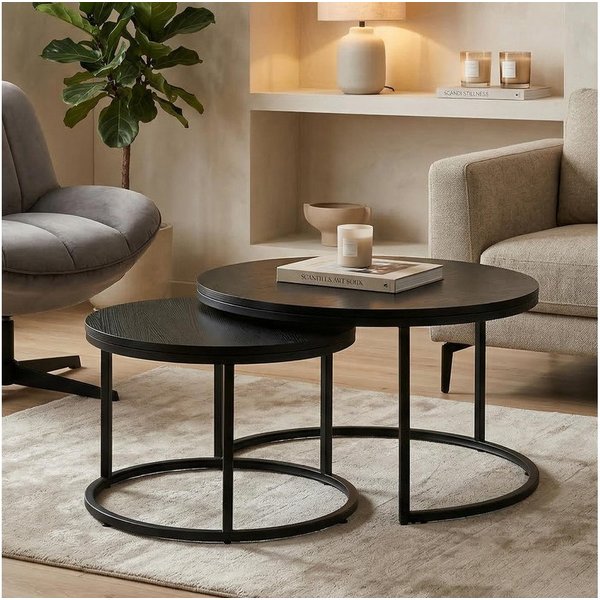 IDIMEX Couchtisch TOURS, Couchtischset 2er Set rund 80/60 cm mit Holz-Dekor Schwarz