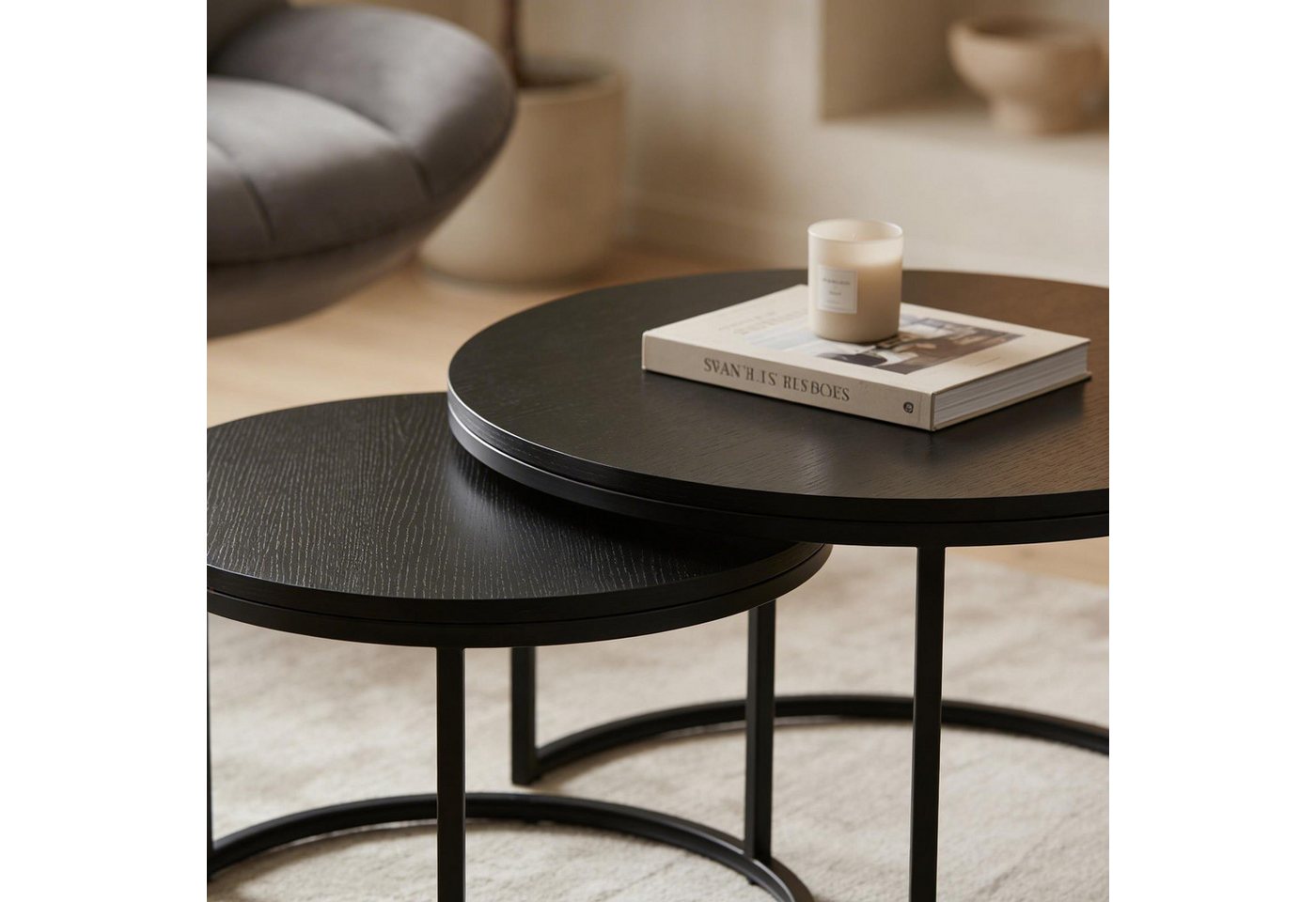 IDIMEX Couchtisch TOURS, Couchtischset 2er Set rund 80/60 cm mit Holz-Dekor Schwarz – Bild 2 von 5