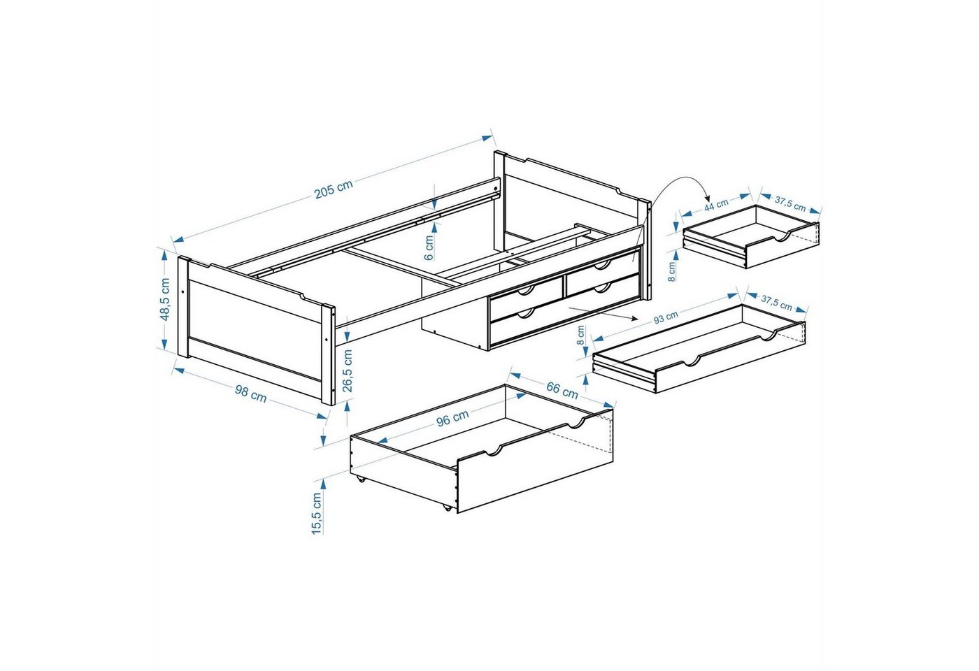 IDIMEX Funktionsbett ANDREA, Bett mit Stauraum Kinderbett Gästebett 4 Schubladen Bett 90x200 cm – Bild 4 von 4