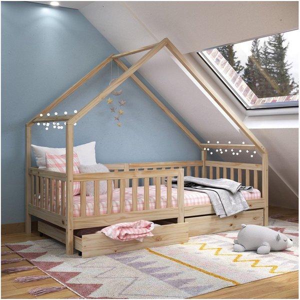 IDIMEX Hausbett ALVA, Hausbett Montessori Kinderbett 90 x 200 Kiefer 2 Schubladen