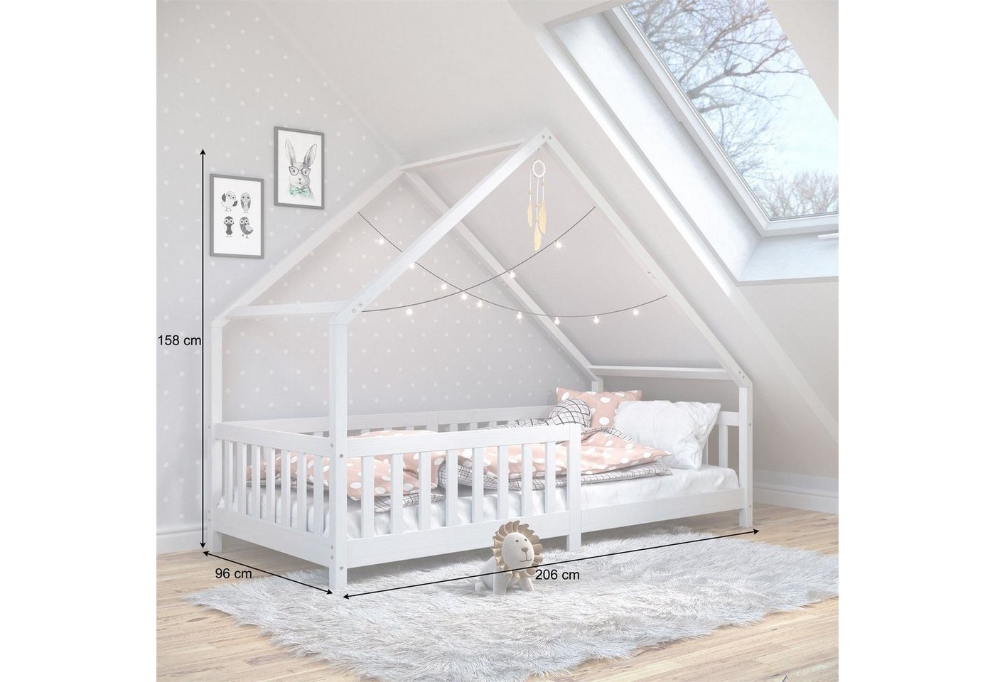 IDIMEX Hausbett CORA, Kinderbett 90x200 cm mit Rausfallschutz Montessori Bodenbett Weiß – Bild 2 von 5