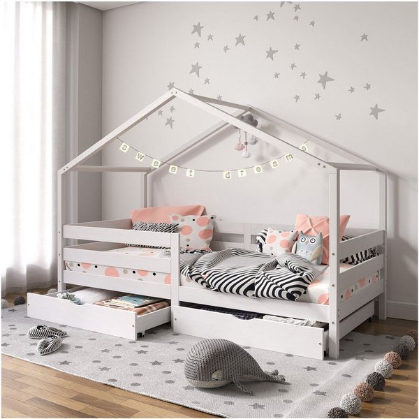 IDIMEX Hausbett ENA, Kinderbett Hausform 90x190 cm aus Massivholz mit Rausfallschutz Weiß