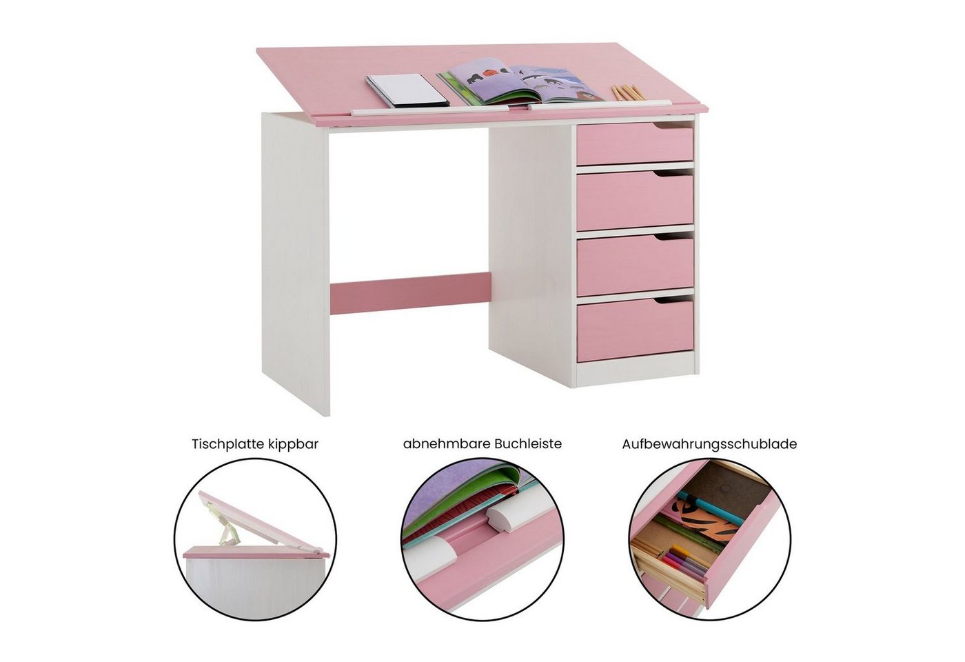 IDIMEX Kinderschreibtisch EMMA, Schreibtisch mit Schubladen, neigbare Tischplatte aus massivholz rosa – Bild 3 von 5